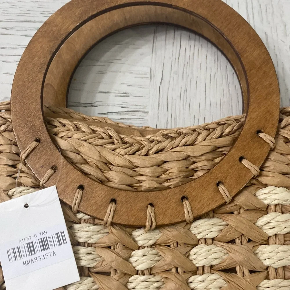 Boutique Tan & Cream Braided Woven Faux-Rattan Tote Clutch Handbag Wooden Handle - Picture 2 of 6